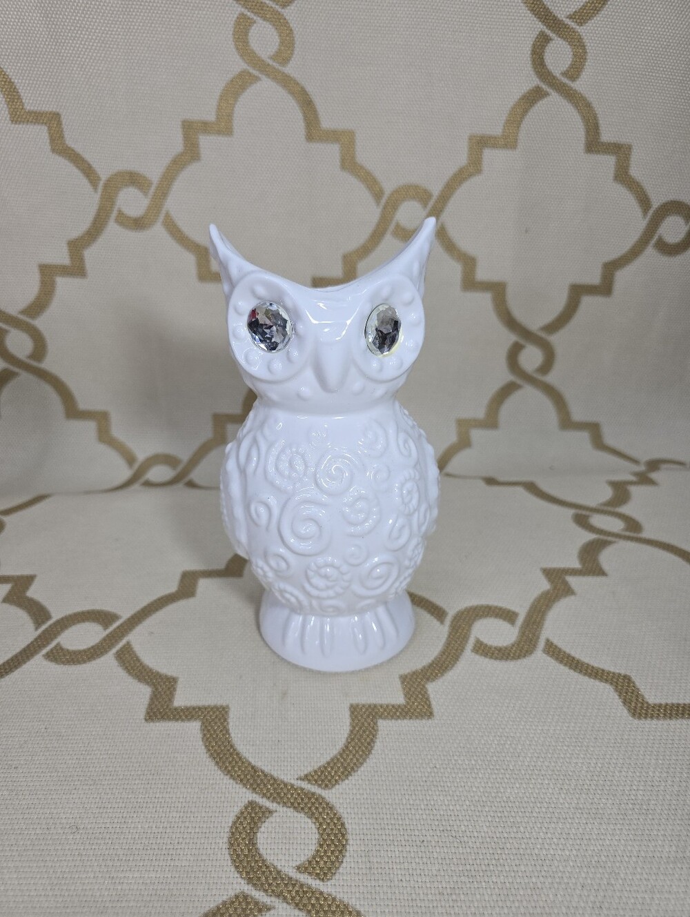 Vtg White Ceramic Owl Vase Rhinestone Eyes 8” Embossed Floral M Ashland Style